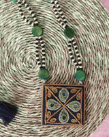 WHE Hand Embroidered Green Pendant  Necklace with Beaded String