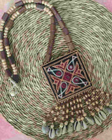 WHE Hand Embroidered Maroon and Mustard Pendant  Necklace with wooden Beaded String with cowry