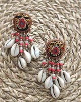 WHE Hand Embroidered orange Earrings with cowry