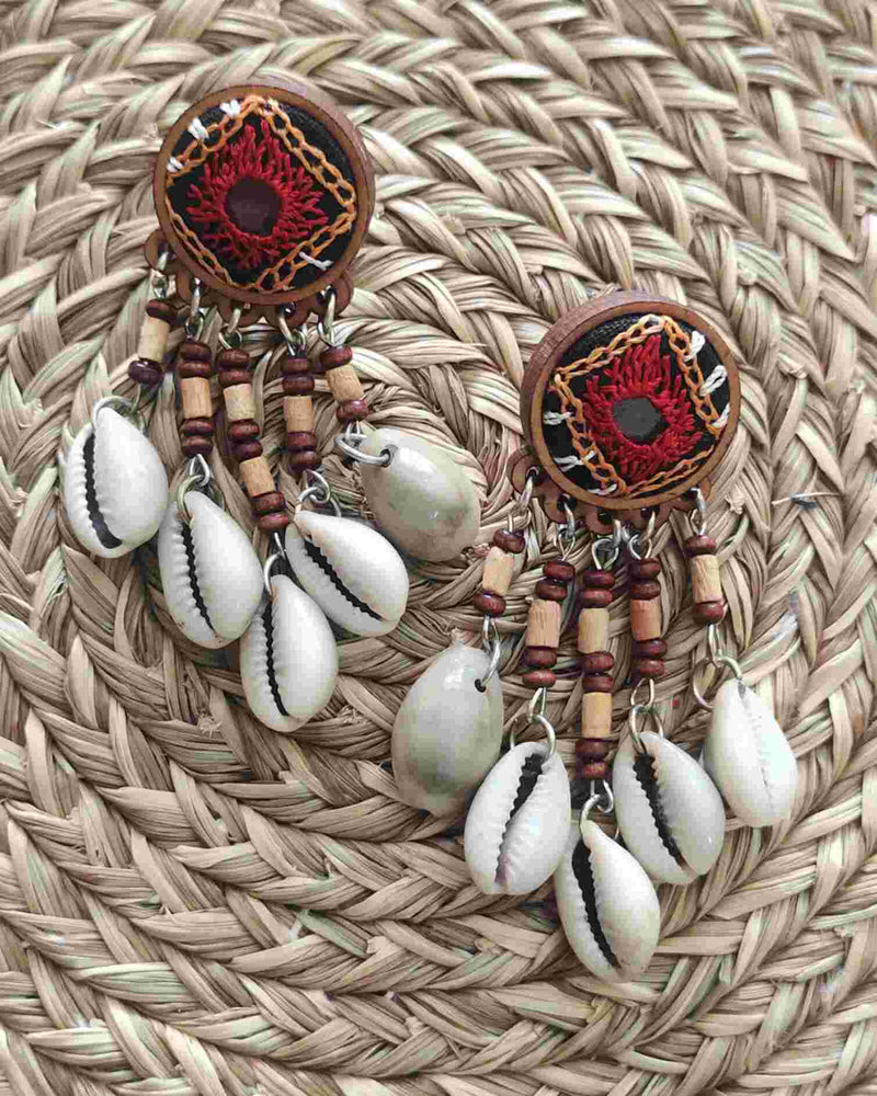 WHE Hand Embroidered Red Earrings with cowry