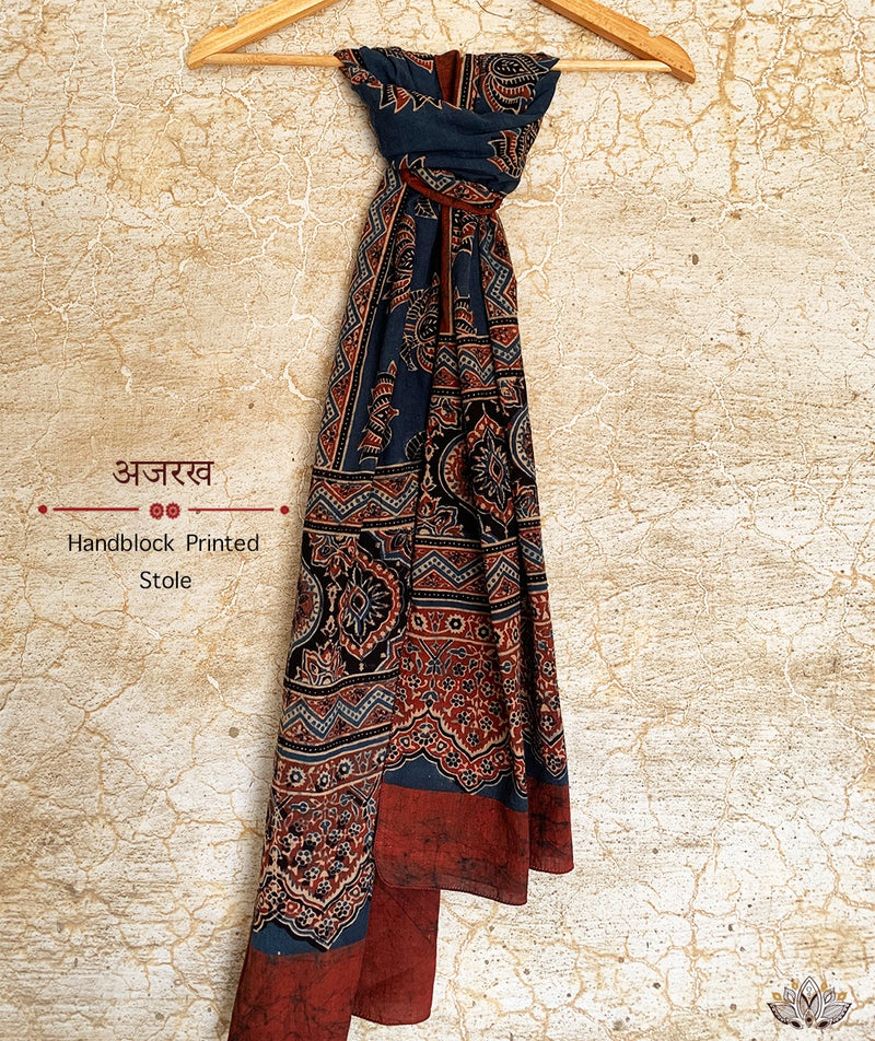 Ajrakh cotton hand block printed stole