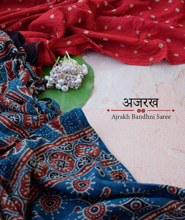 Ajrakh cotton Bandhani hand block printed saree