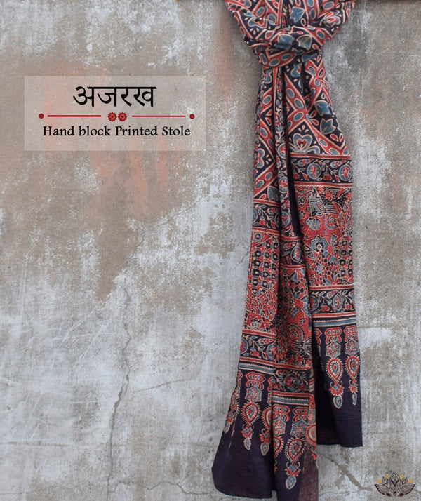 Ajrakh cotton hand block printed stole