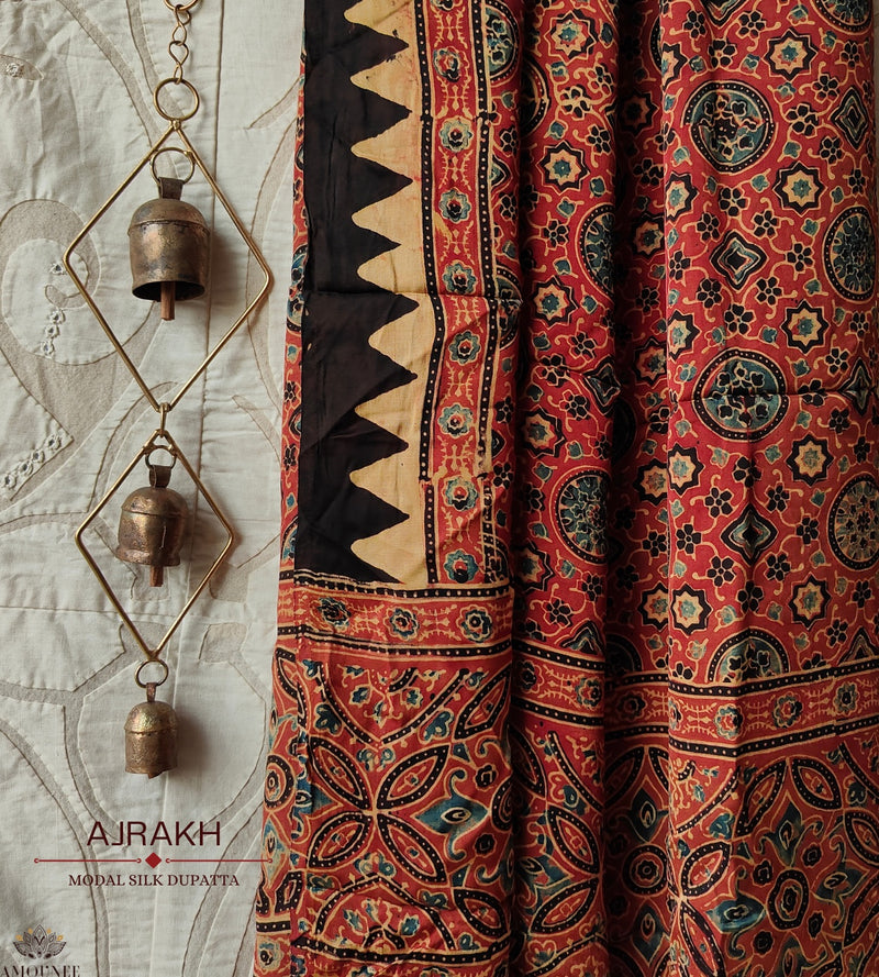 Ajrakh modal silk hand block printed dupatta