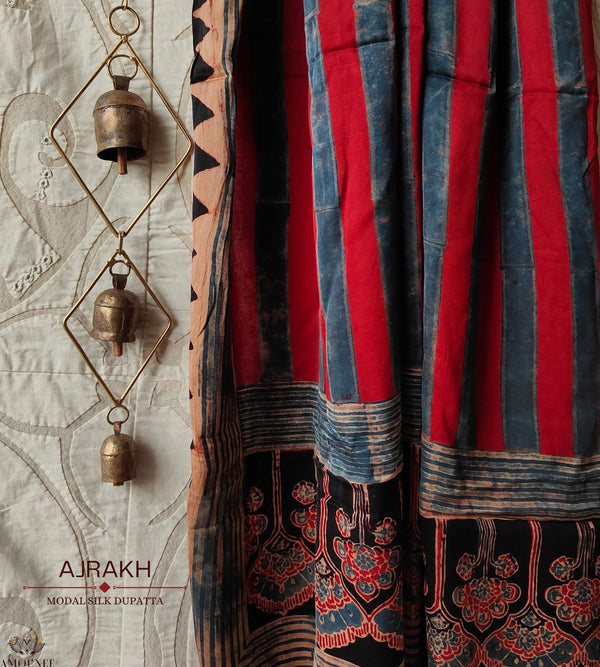 Ajrakh modal silk hand block printed dupatta