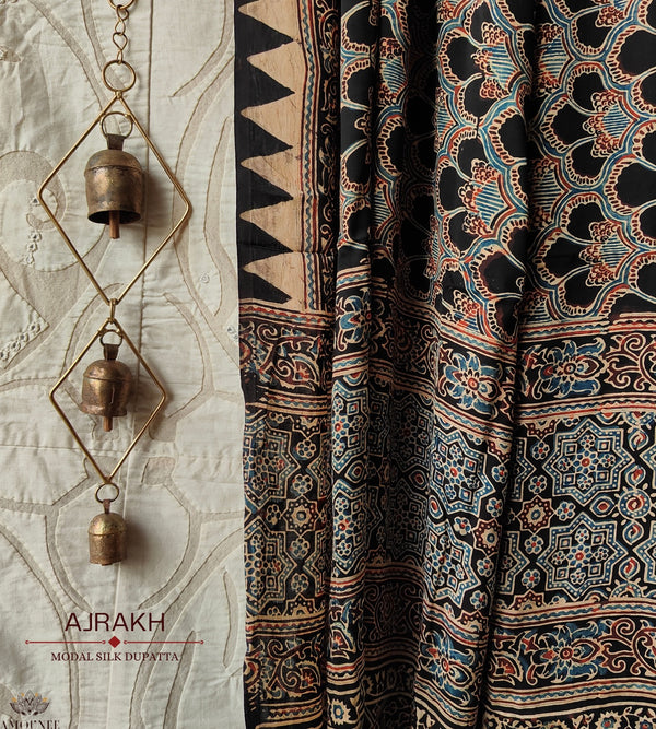 Ajrakh modal silk hand block printed dupatta