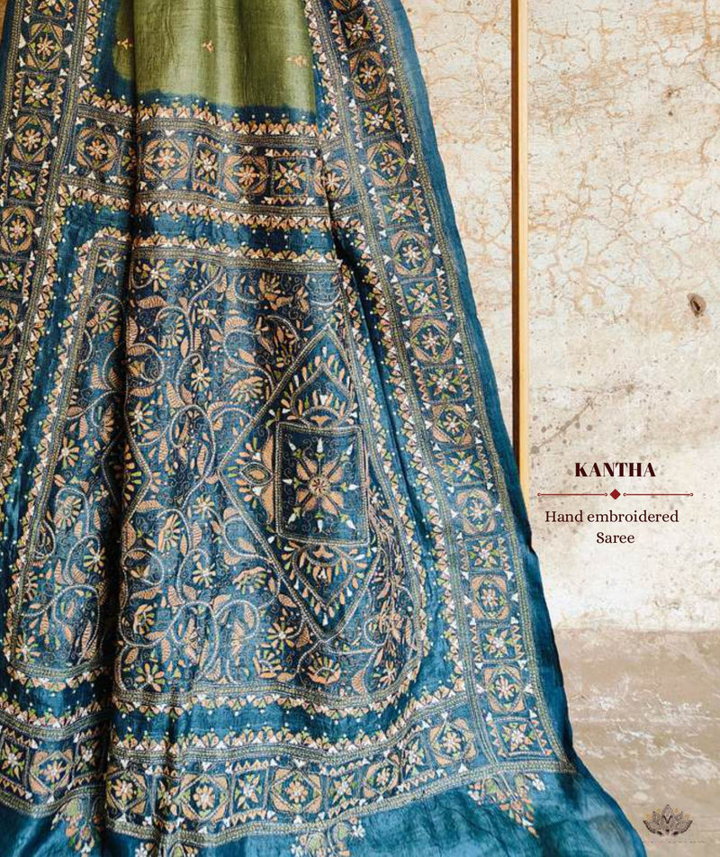 Exclusive Amounee Kantha Embroidered Tussar Silk Saree