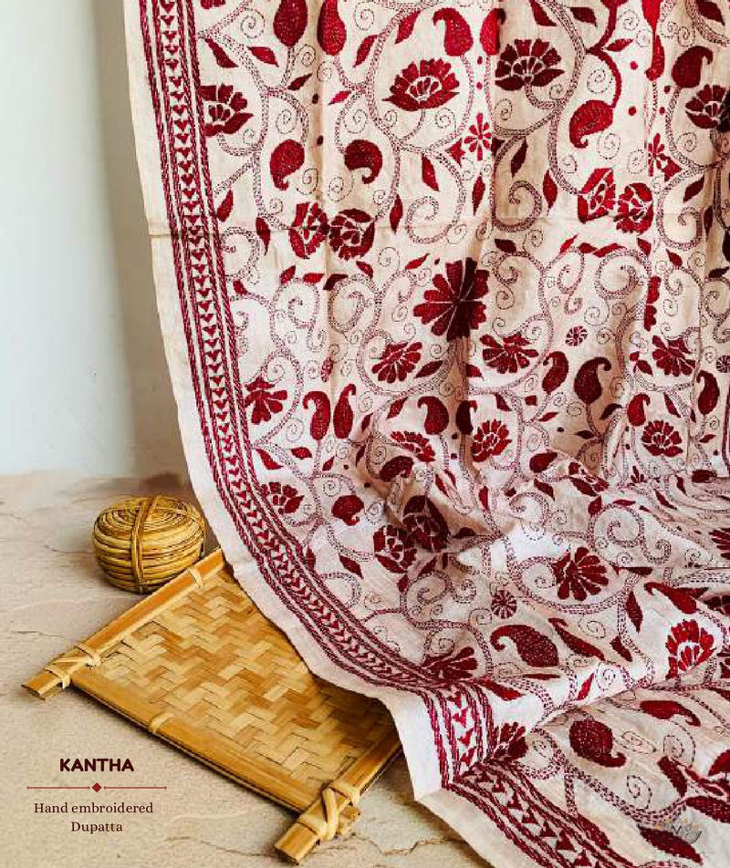 Exclusive Amounee Kantha Embroidered Tussar Silk Dupatta