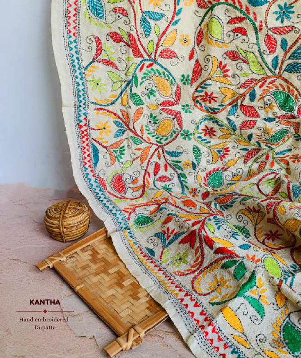 Exclusive Amounee Kantha Embroidered Tussar Silk Dupatta