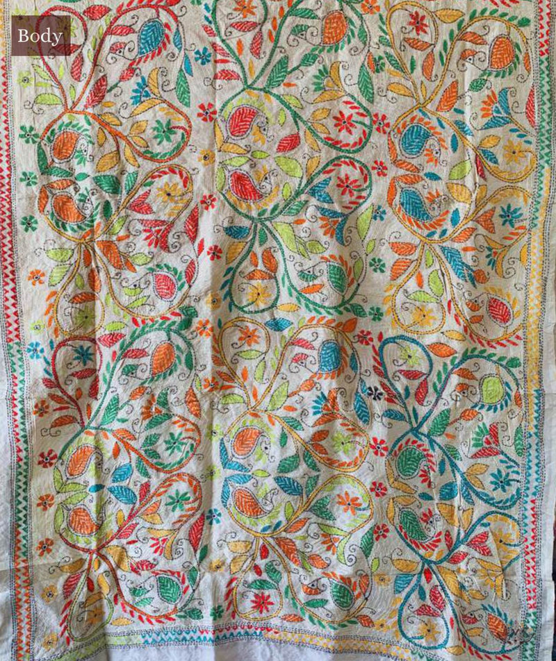 Exclusive Amounee Kantha Embroidered Tussar Silk Dupatta