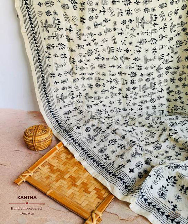 Exclusive Amounee Kantha Embroidered Tussar Silk Dupatta