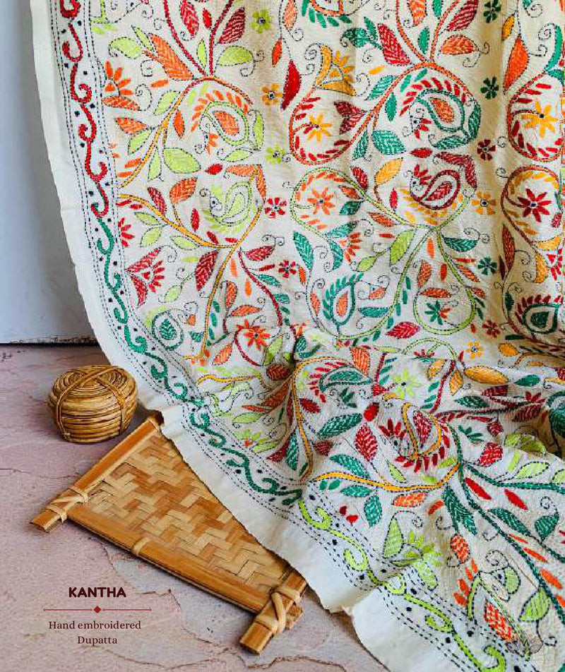 Exclusive Amounee Kantha Embroidered Tussar Silk Dupatta