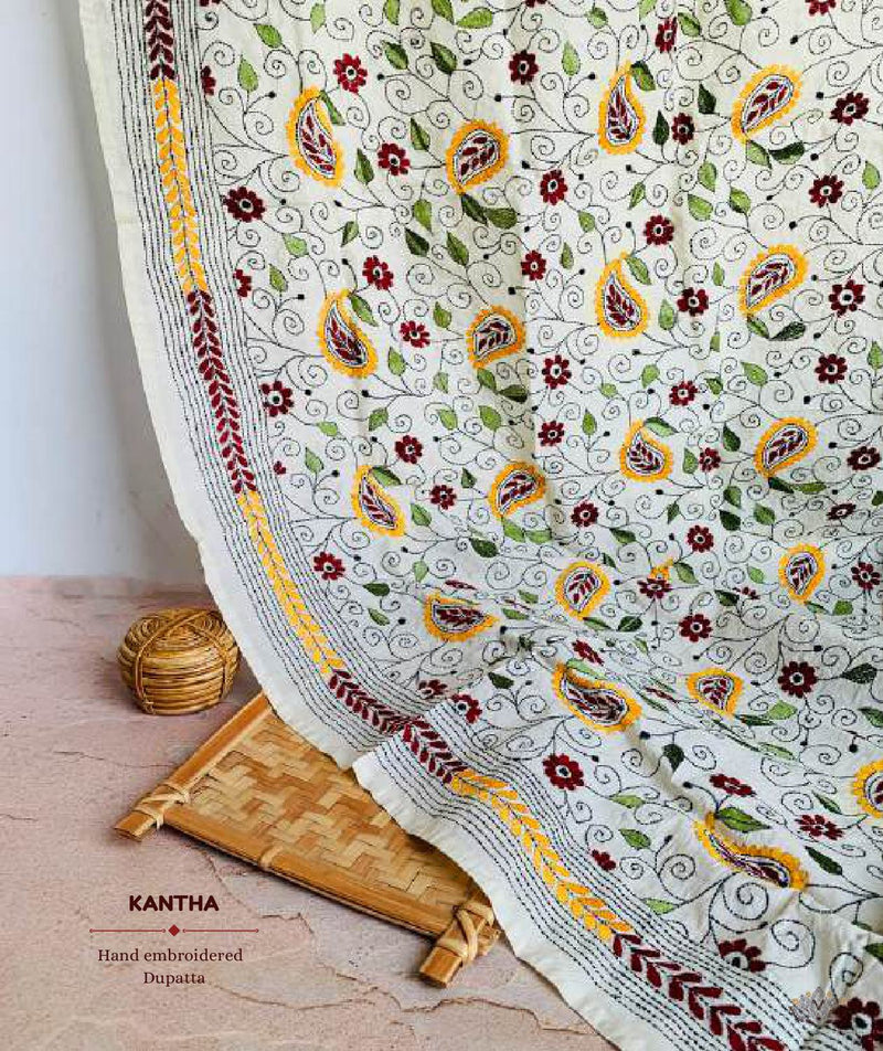 Exclusive Amounee Kantha Embroidered Tussar Silk Dupatta