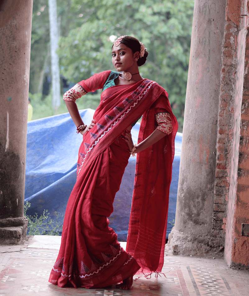 Exclusive Amounee Kantha Embroidered Pure Muga Silk Saree