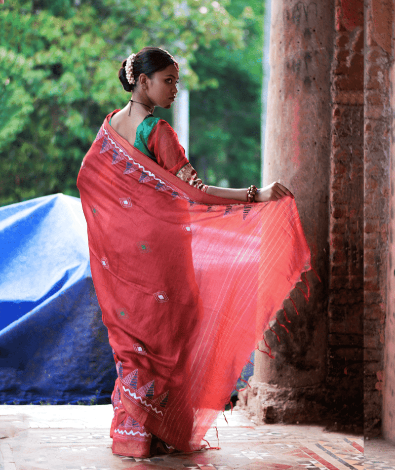 Exclusive Amounee Kantha Embroidered Pure Muga Silk Saree