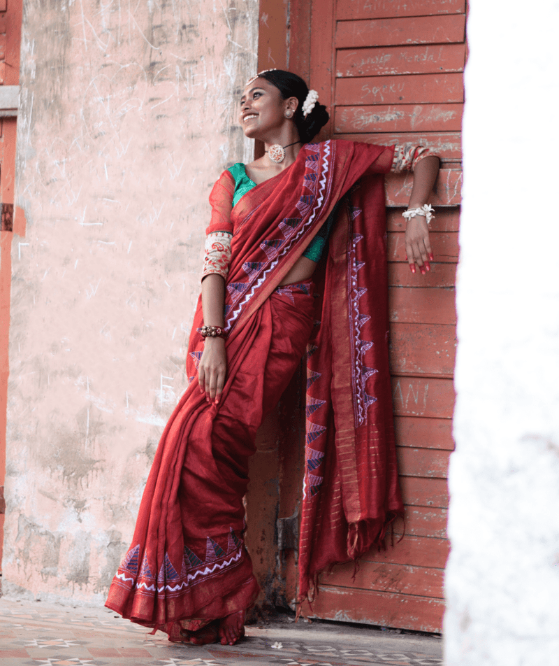 Exclusive Amounee Kantha Embroidered Pure Muga Silk Saree