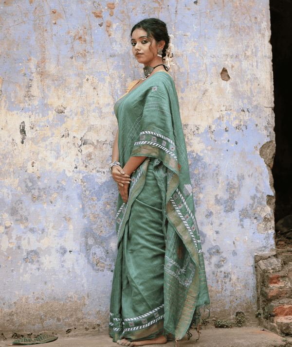 Exclusive Amounee Kantha Embroidered Pure Muga Silk Saree