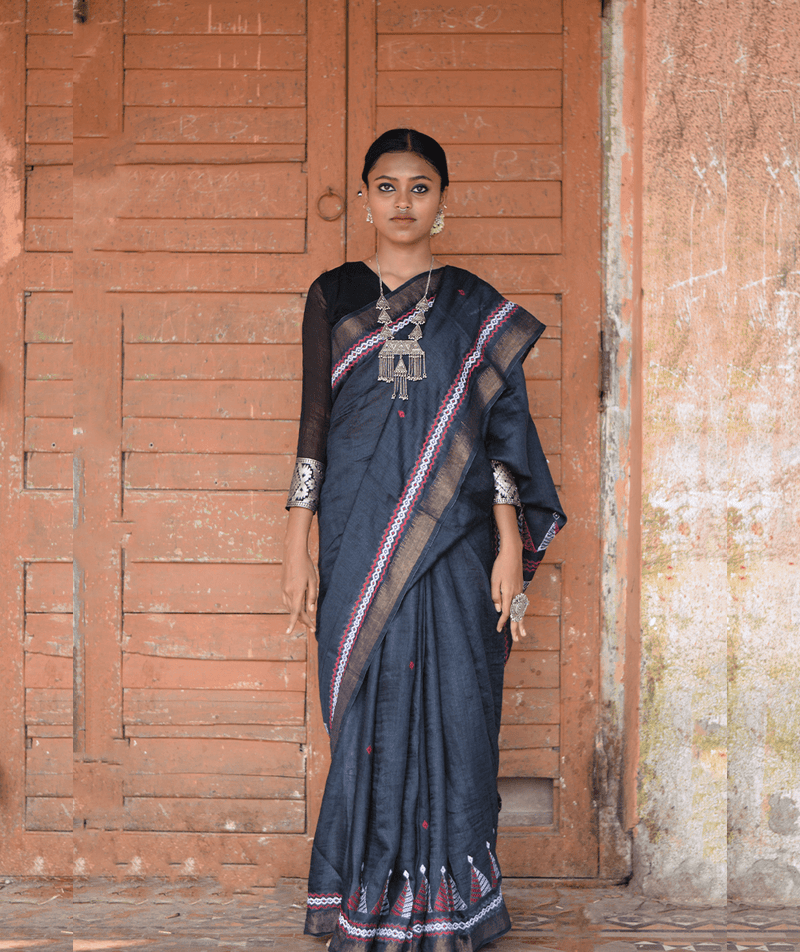 Exclusive Amounee Kantha Embroidered Pure Muga Silk Saree