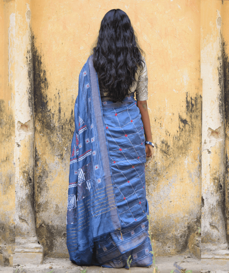 Exclusive Amounee Kantha Embroidered Pure Muga Silk Saree