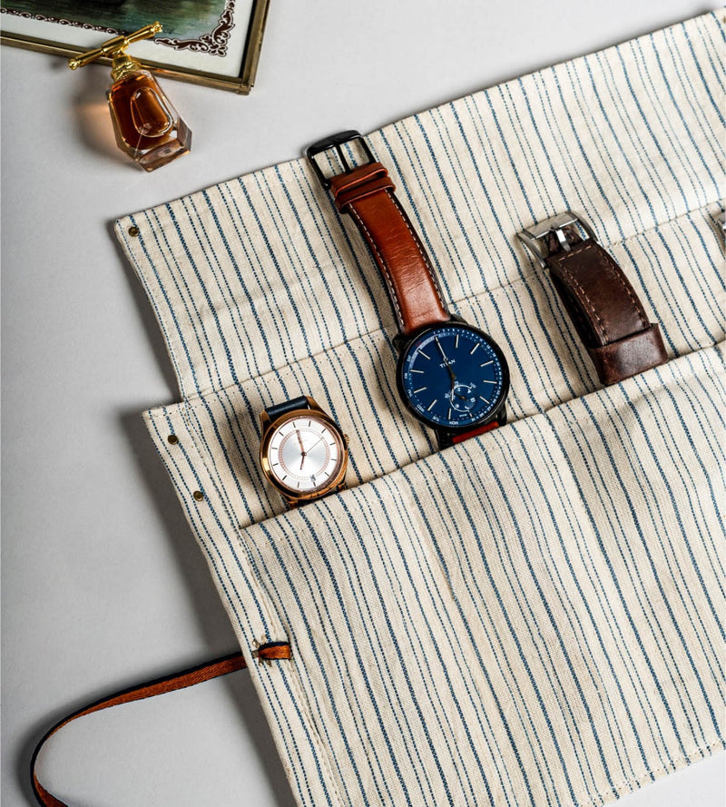 The Watch Organiser - Khadi Roll over for Travel and Storage.