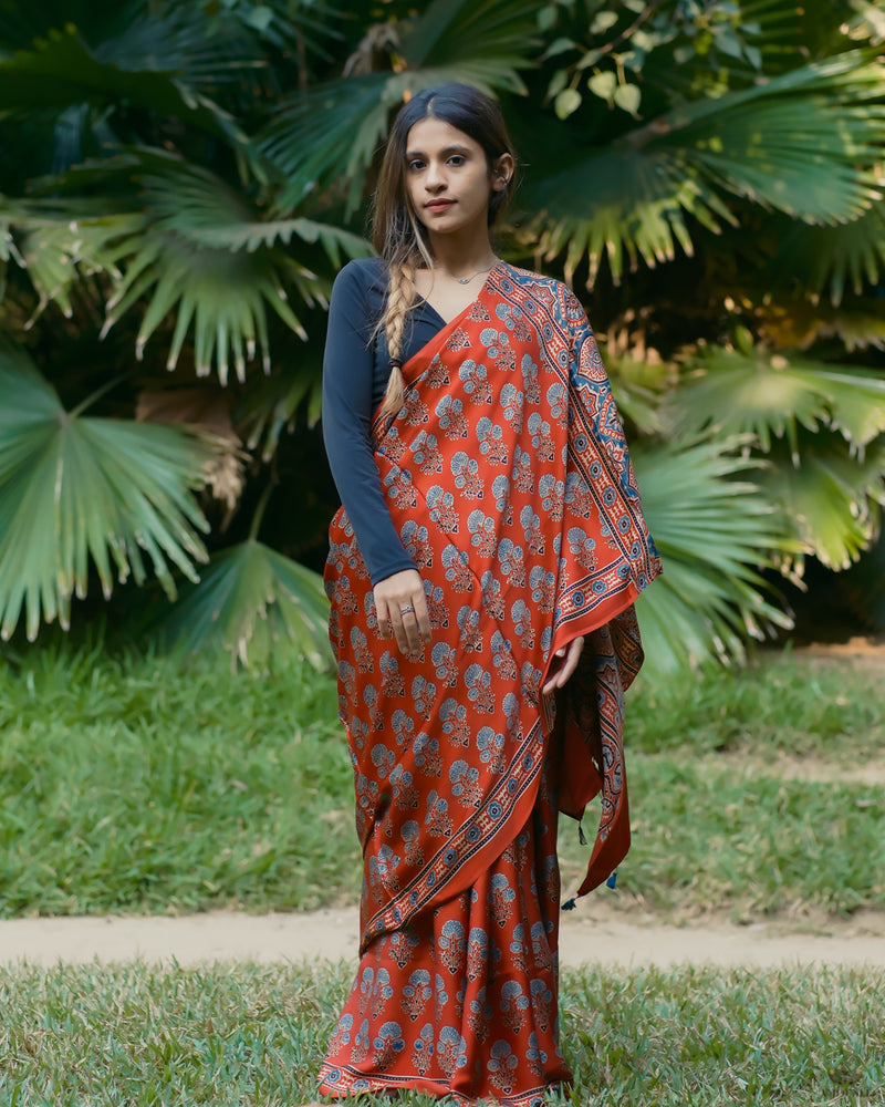 Ajrakh Tussar silk hand block printed saree