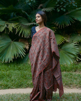 Ajrakh Tussar silk hand block printed saree