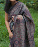 Ajrakh Tussar silk hand block printed saree