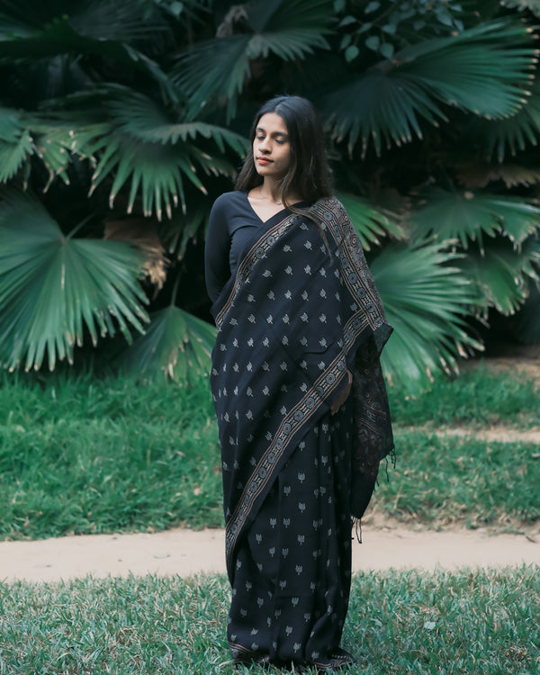 Ajrakh Linen hand block printed saree