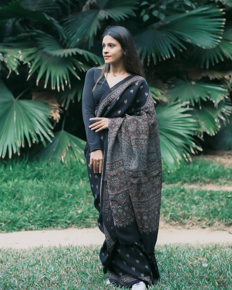 Ajrakh Linen hand block printed saree