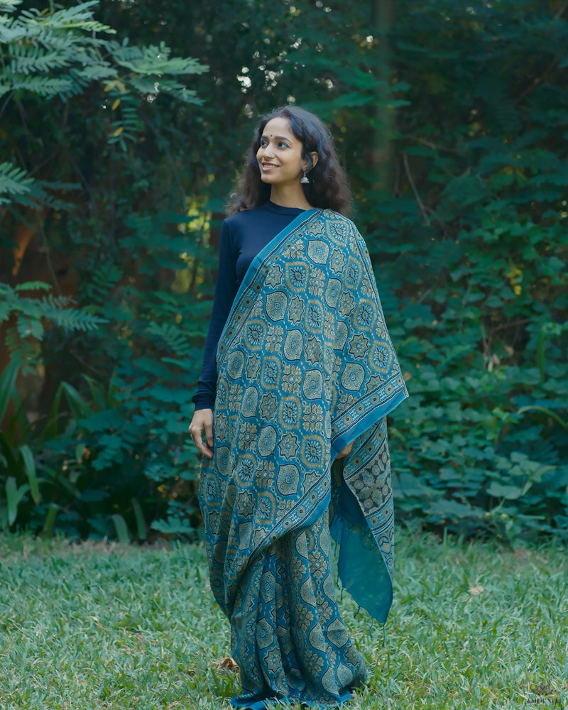 Ajrakh Linen hand block printed saree