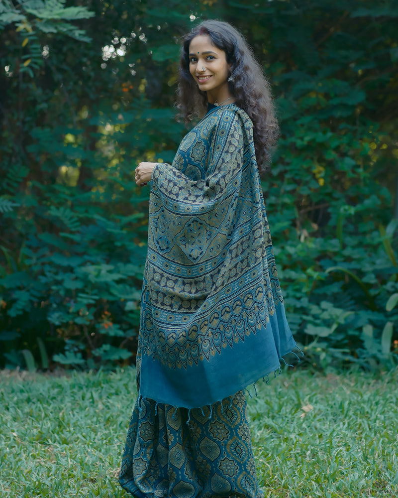 Ajrakh Linen hand block printed saree