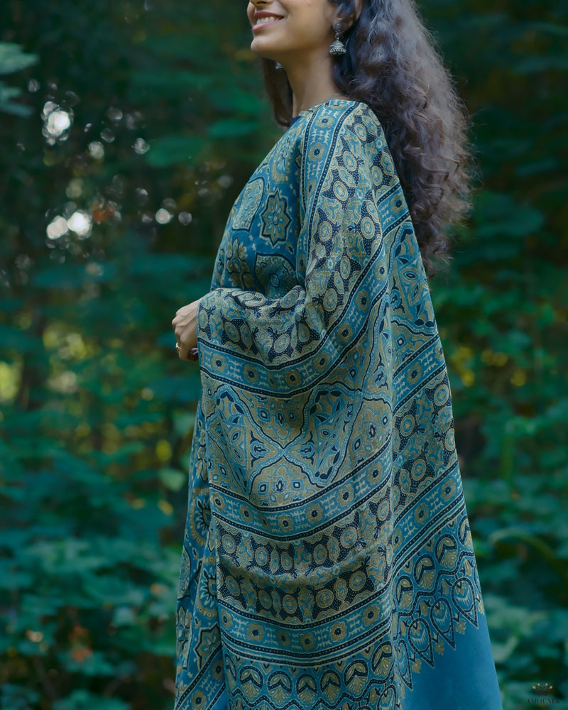 Ajrakh Linen hand block printed saree