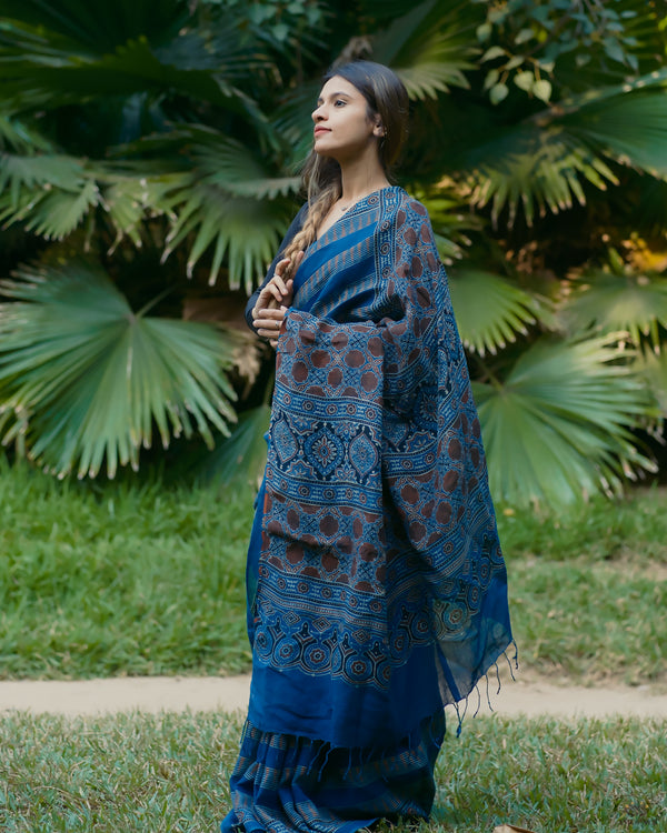 Ajrakh Linen hand block printed saree