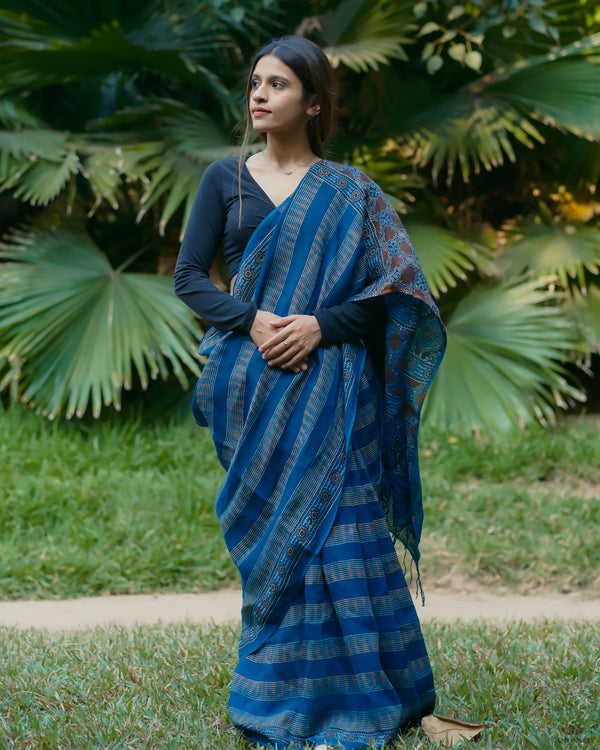 Ajrakh Linen hand block printed saree