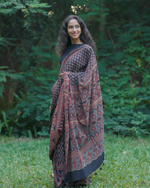 Ajrakh Cotton Handblock Printed Saree