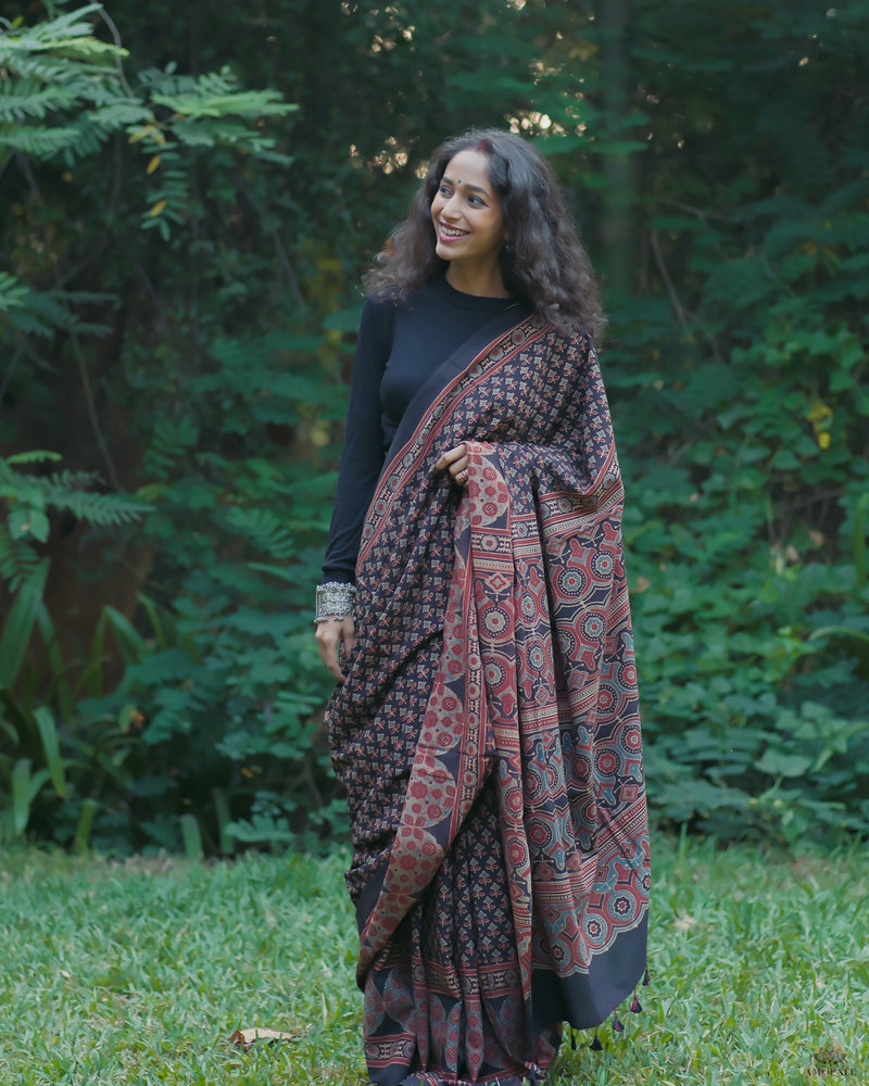 Ajrakh Cotton Handblock Printed Saree