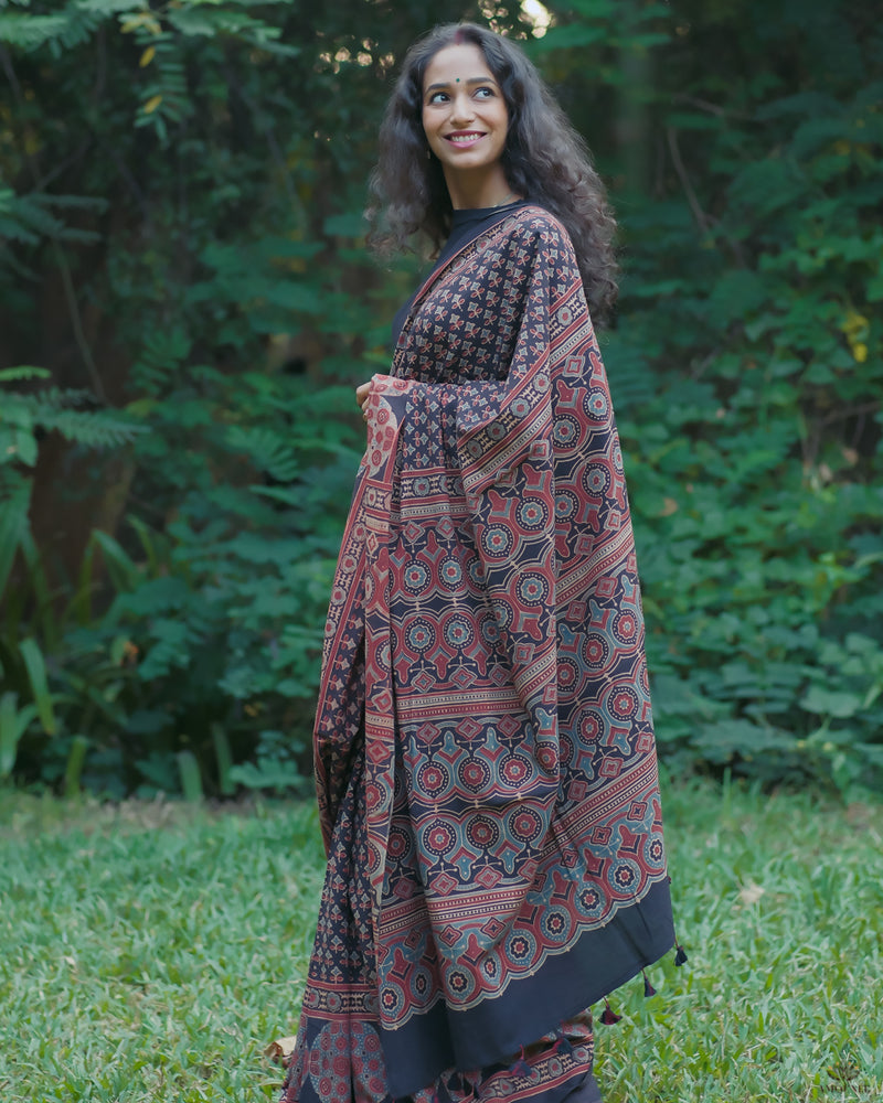 Ajrakh Cotton Handblock Printed Saree