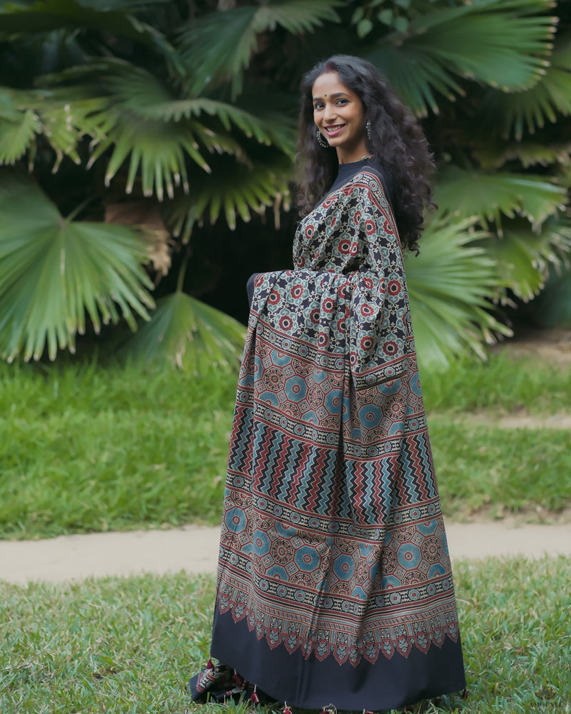 Ajrakh Cotton Handblock Printed Saree