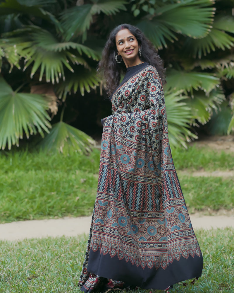 Ajrakh Cotton Handblock Printed Saree