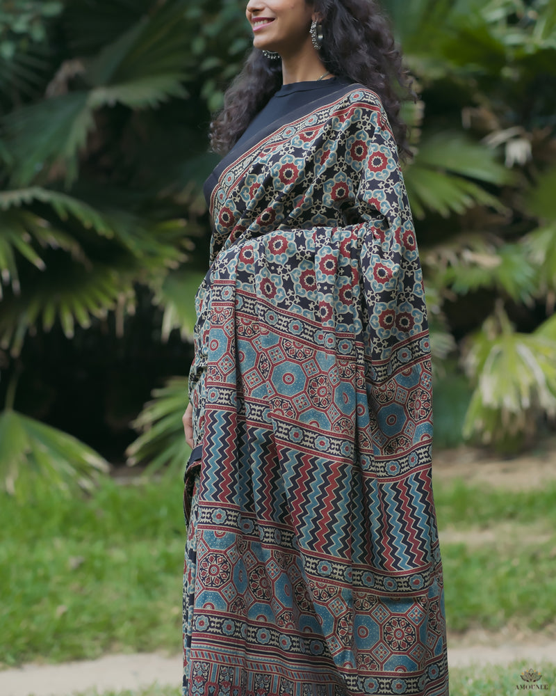 Ajrakh Cotton Handblock Printed Saree