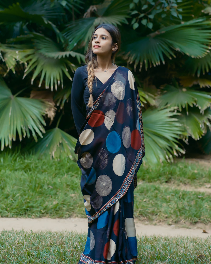 Ajrakh Modal Silk Hand Block Printed Saree