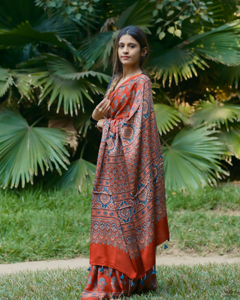 Ajrakh Modal Silk Hand Block Printed Saree