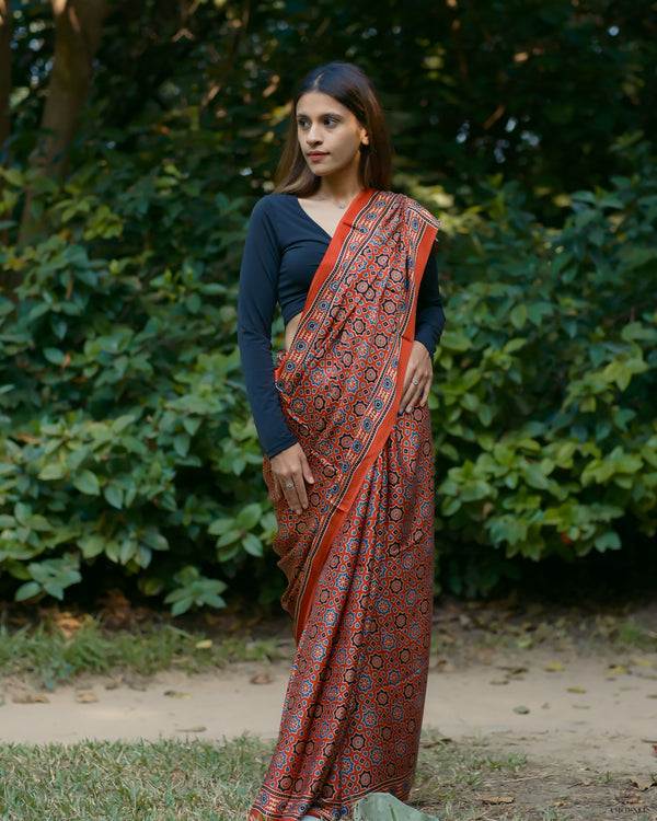 Ajrakh Modal Silk Hand Block Printed Saree