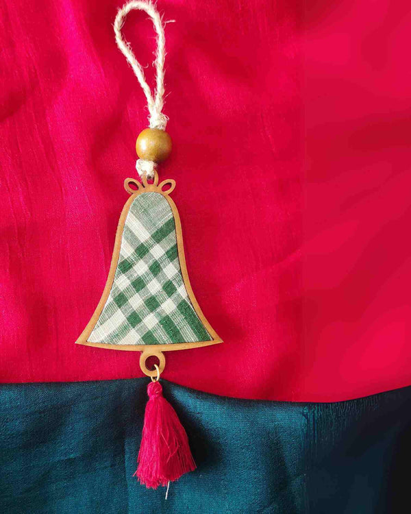 WHE Green Bell  Repurposed Wood and Upcycled Fabric  Christmas Charm