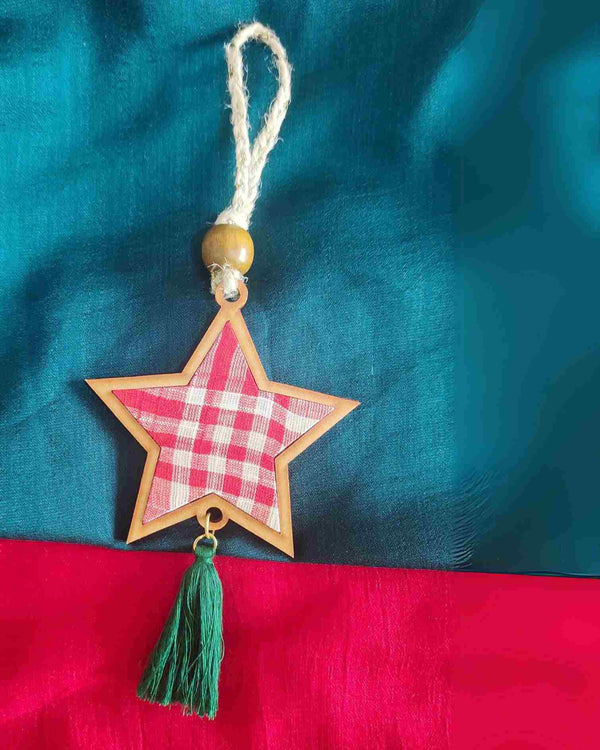 WHE Red and White  Star  Repurposed Wood and Upcycled Fabric  Christmas Charm