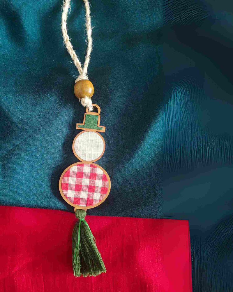 WHE Red and White Snowman Repurposed Wood and Upcycled Fabric  Christmas Charm