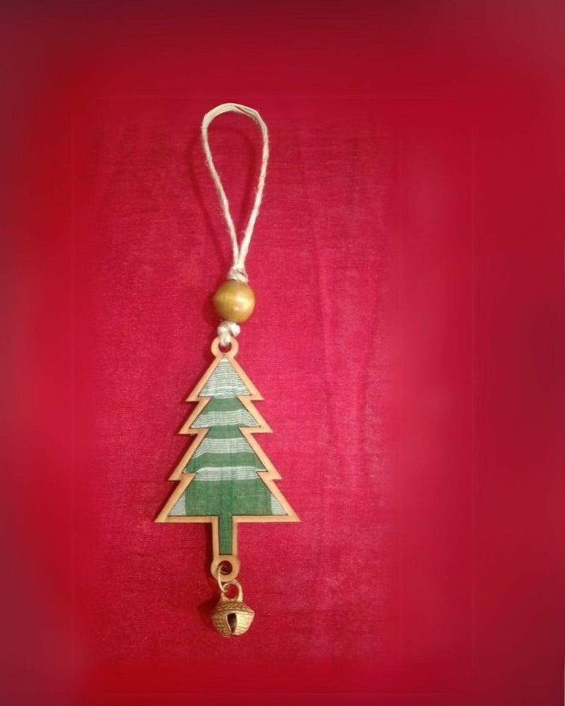 WHE Green Christmas Tree Repurposed Wood and Upcycled Fabric  Christmas Charm