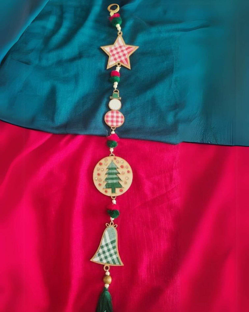 WHE Mix Charm Long   Repurposed Wood and Upcycled Fabric  Christmas Charm