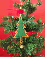 WHE solid green christmas tree repurposed wood & upcycled fabric christmas charm