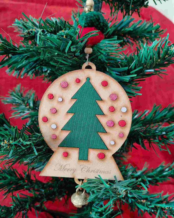 WHE snowglobe repurposed wood & upcycled fabric christmas charm